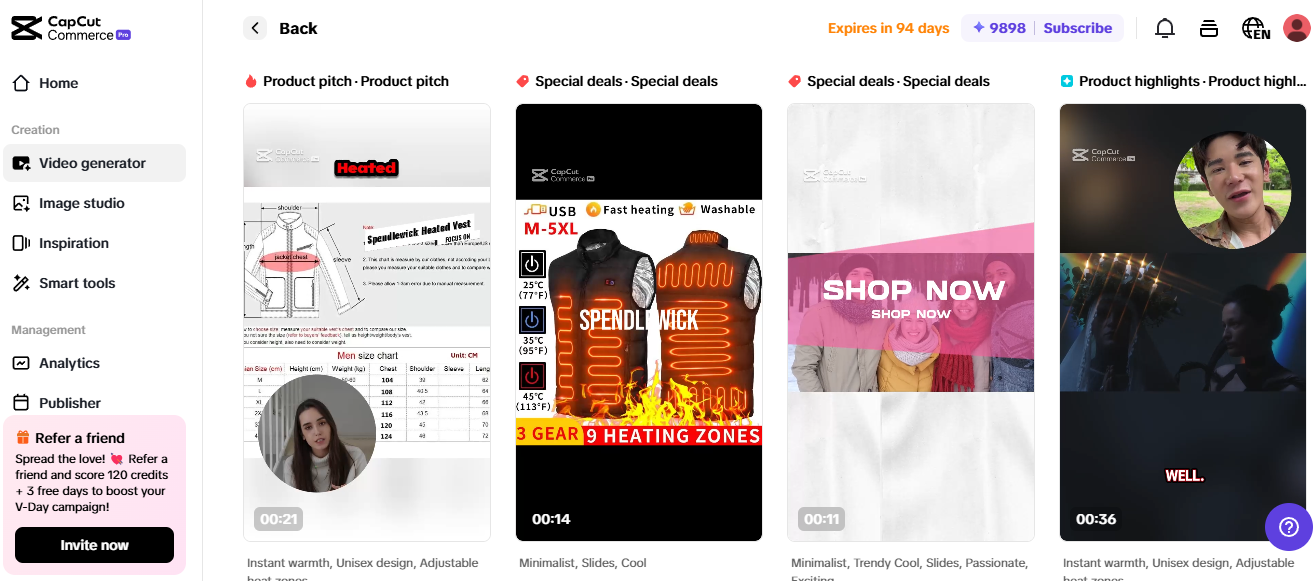 Pippit screen showing eCommerce growth tools for heated vest promotions and special deals.